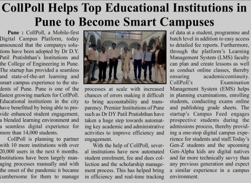 DNA TIMES __ CollPoll helps top Educational Institutions in Pune to become Smart Campuses